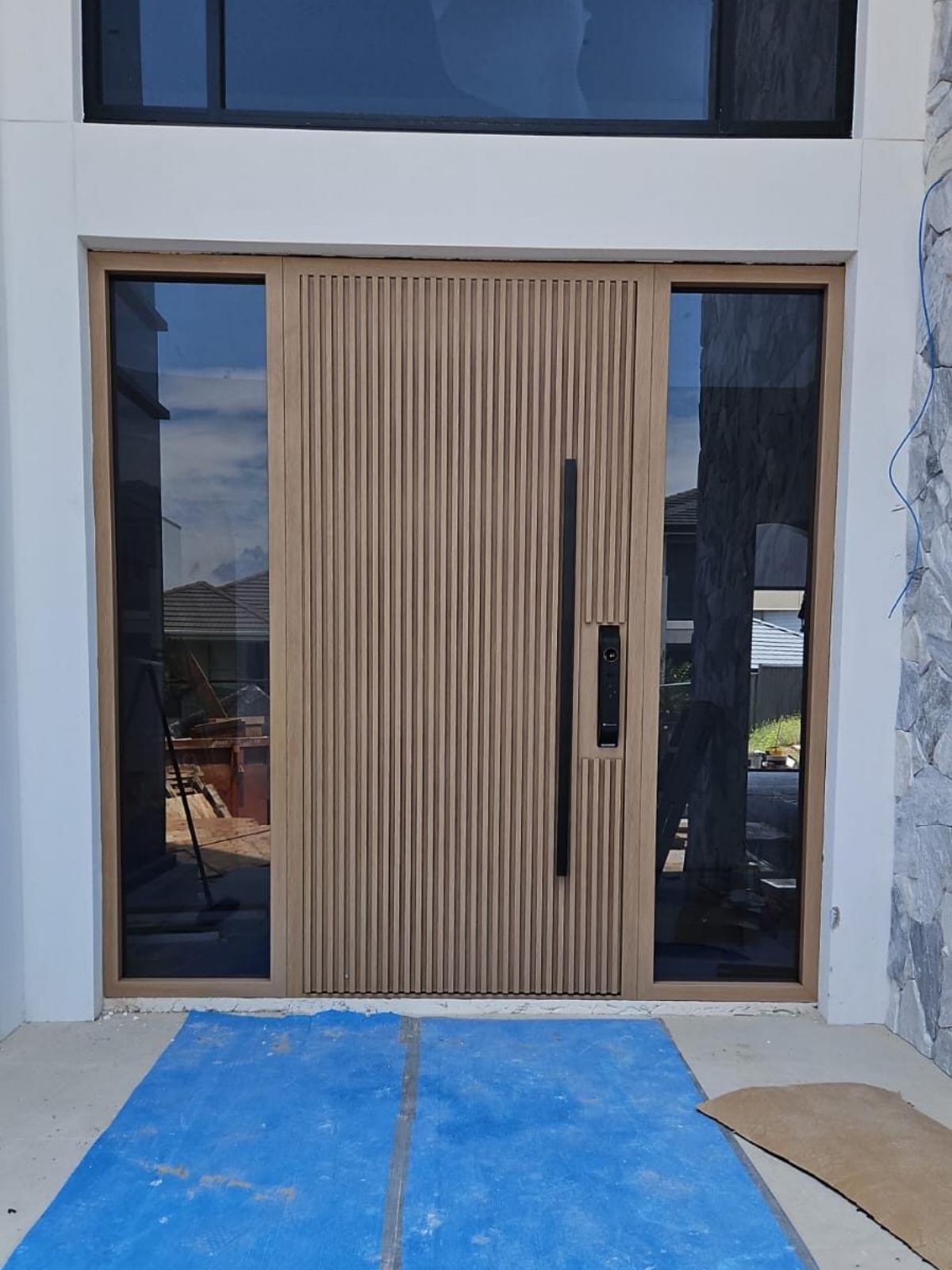 Modern fluted wood grain aluminum entry door